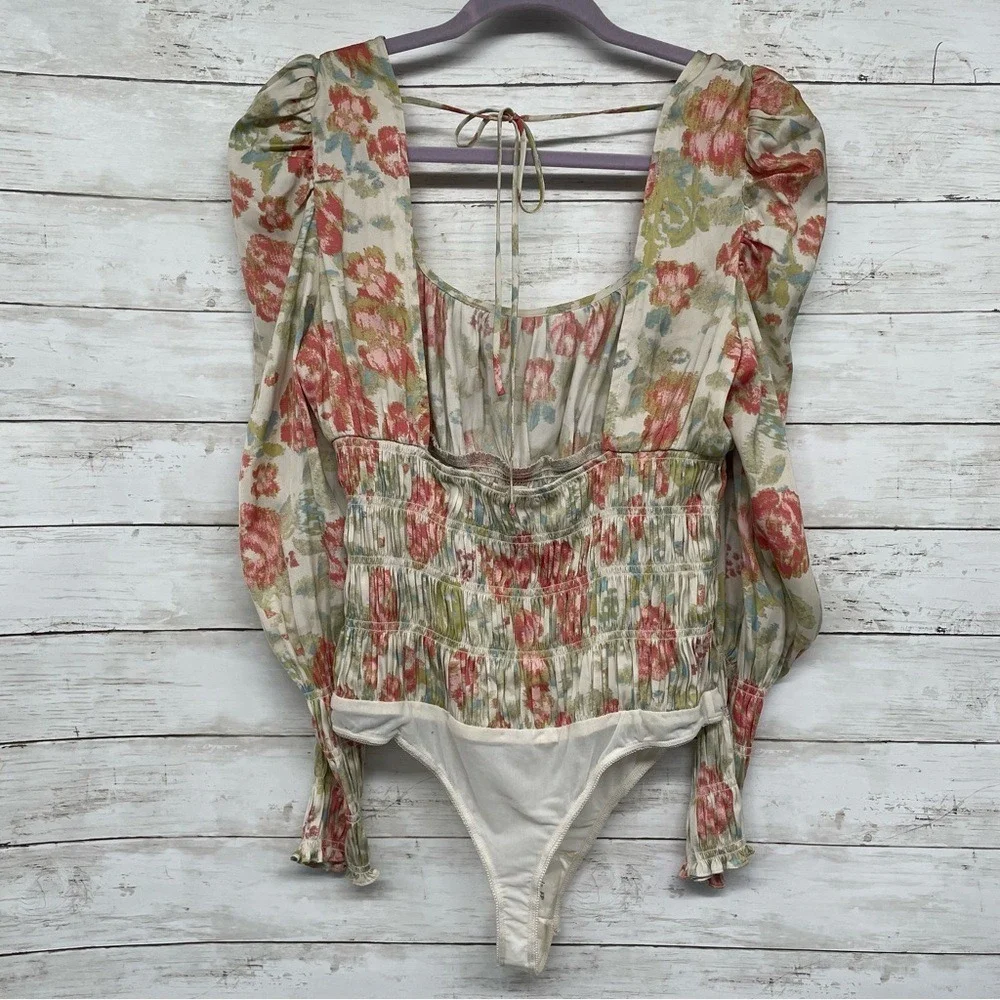 Free People Intimately Smock It To You Floral Bodysuit L‎ NWT Milkmaid Coquette